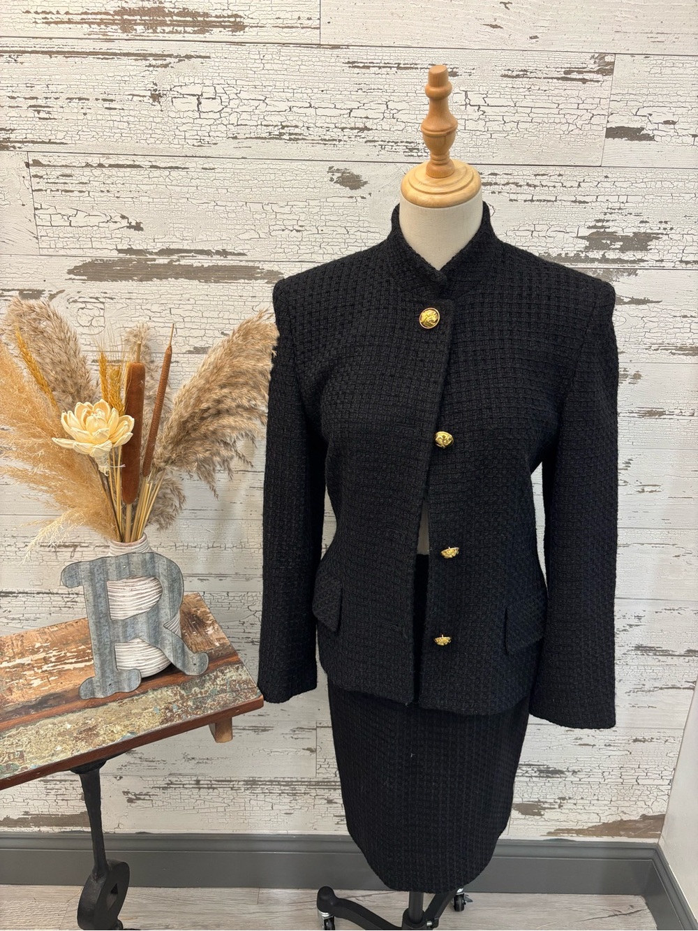 Salvatore Ferragamo 2 Piece Set Black Tweed Blazer and Skirt Set